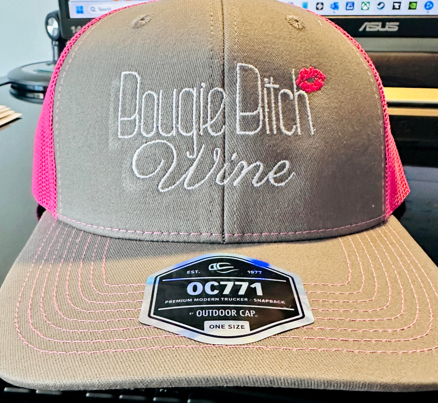 Bougie Bitch Wine Hot Pink and Grey Trucker Hat